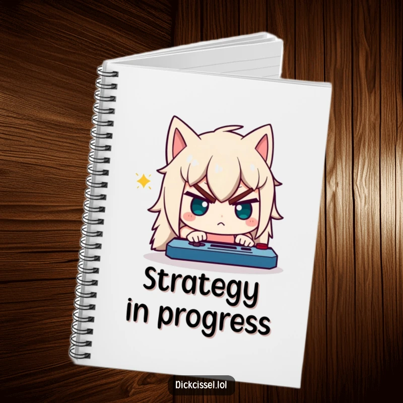 Funny notebook cover featuring a character with a comically determined expression, intensely focused on playing a video game.