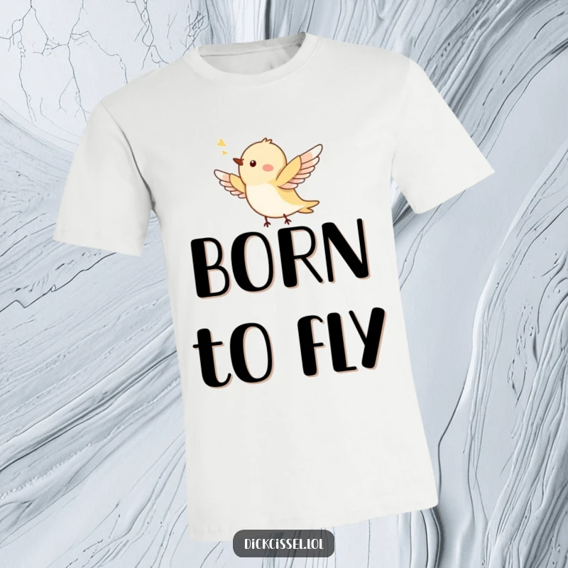 Funny t-shirt featuring a tiny, ecstatic bird in full flight, wings outstretched, radiating pure happiness. A whimsical graphic.