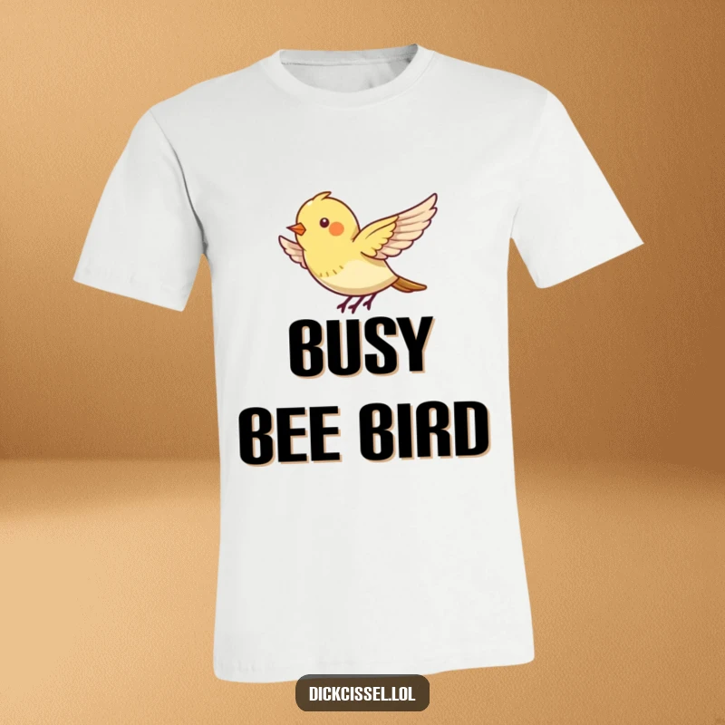 Funny t-shirt depicting a tiny bird energetically flapping its wings, appearing to hover with lively motion.