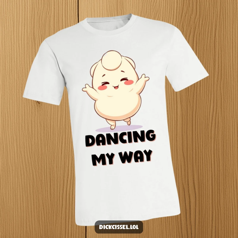 Funny t-shirt featuring a winking dumpling character performing a happy jig, showcasing a fun and lively personality, an awesome funny gift.