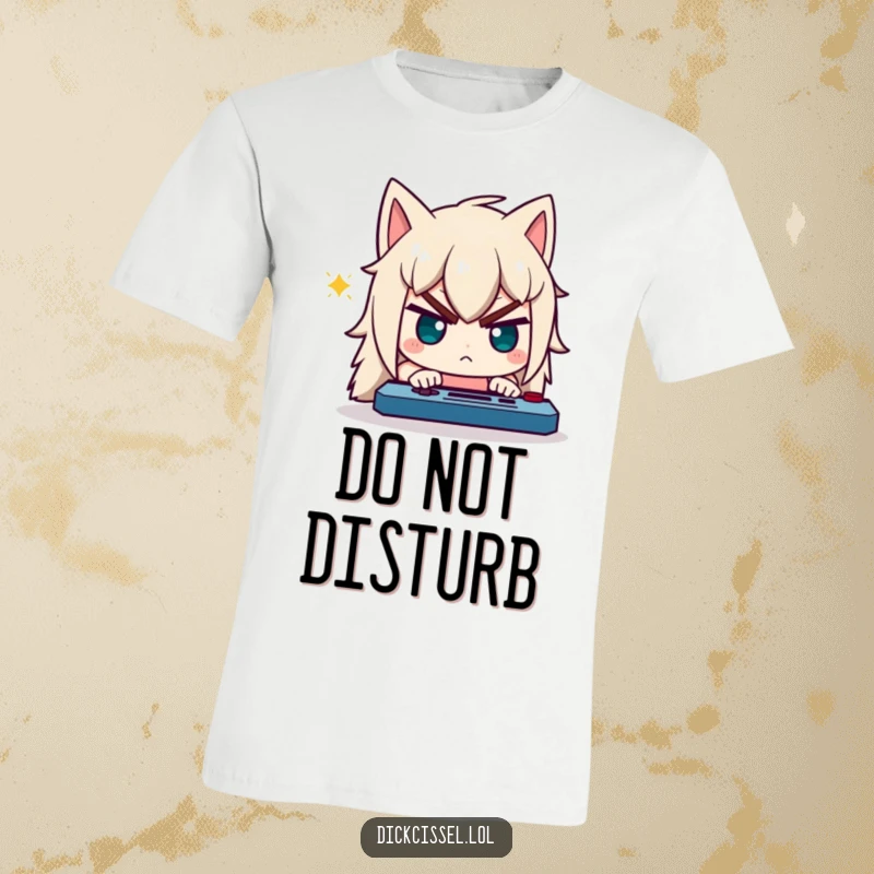 Funny t-shirt featuring a character with a comically serious and determined expression, eyes glued to a game screen.