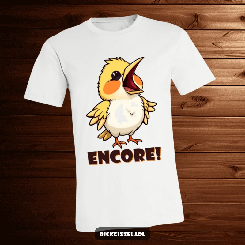 Funny t-shirt depicting a bird performing opera with beak wide open, showcasing theatrical passion and humor. Graphic tee.