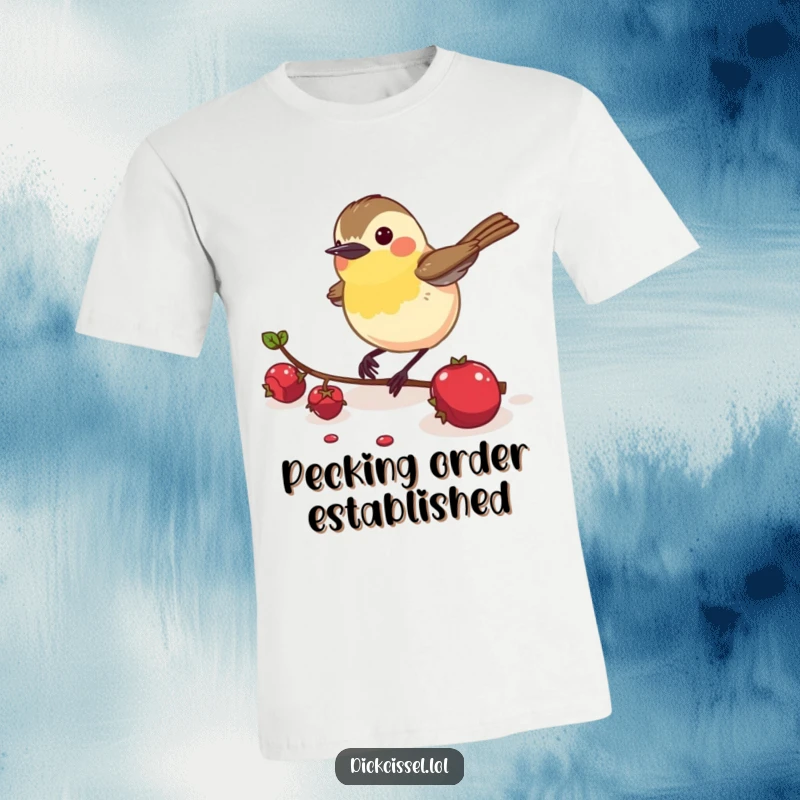 Funny Dickcissel Bird T-Shirt: A spirited dickcissel bird energetically pecking at delicious fallen berries.
