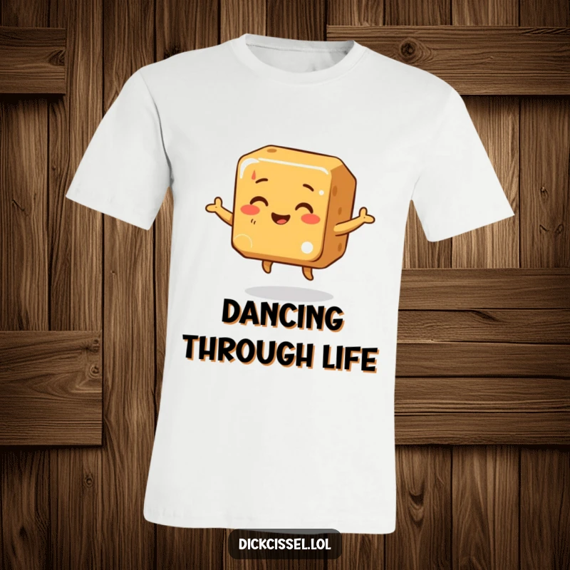 Funny T-Shirt graphic of a smiling caramel cube performing an energetic, wobbly dance, symbolizing fun and pure happiness.