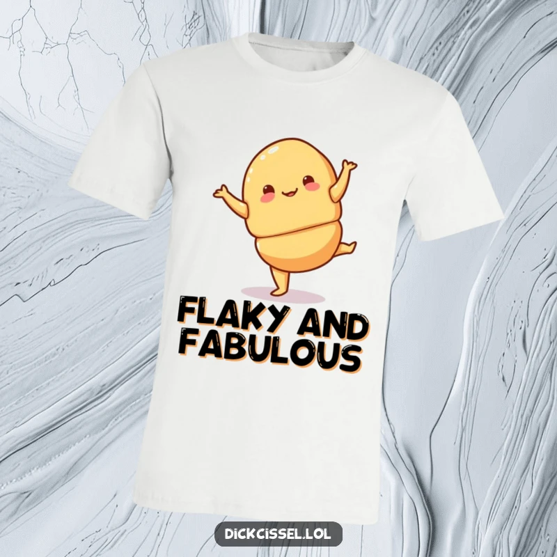 Funny croissant pirouette t-shirt depicting a playful croissant mid-pirouette, elegant and full of whimsical joy.