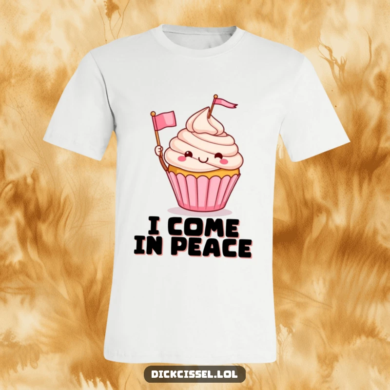 Funny t-shirt with a cute cupcake character joyfully waving a small flag, showcasing a playful and humorous spirit, great funny gift.