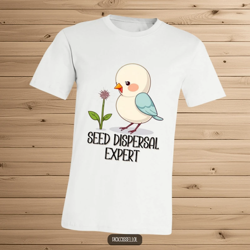 Funny t-shirt featuring a cute bird humorously pecking at a dandelion puff, perfect for bird enthusiasts.