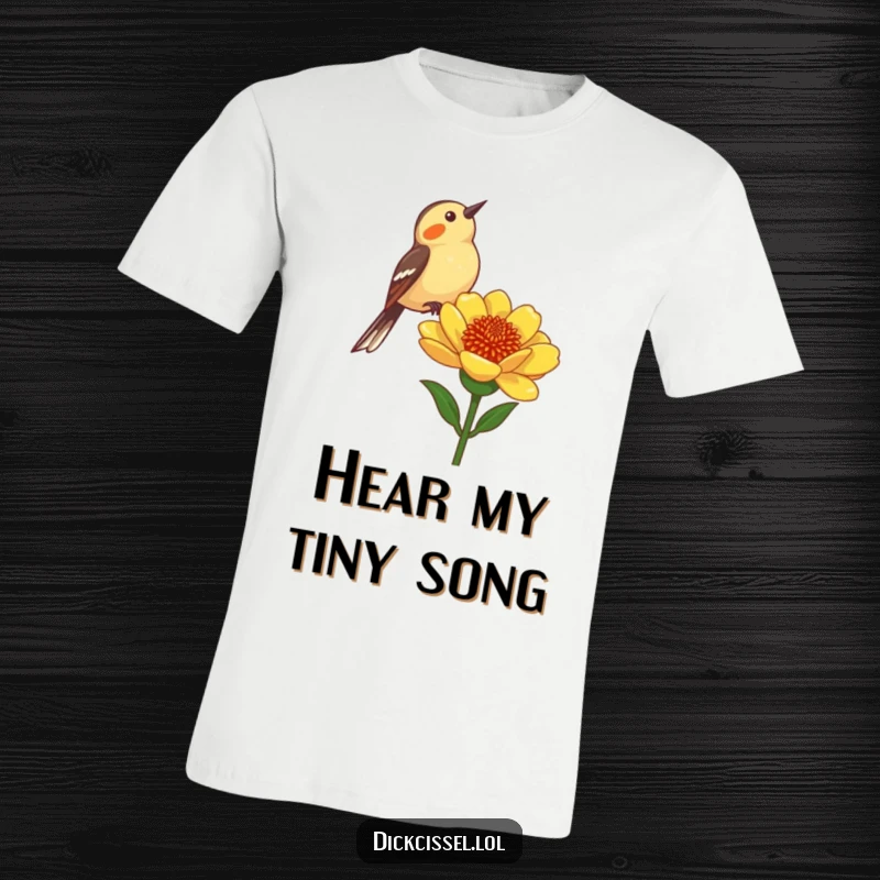 Funny Dickcissel Bird T-Shirt: A comical dickcissel bird perched and chirping from a sturdy flower stalk, looking delightful.