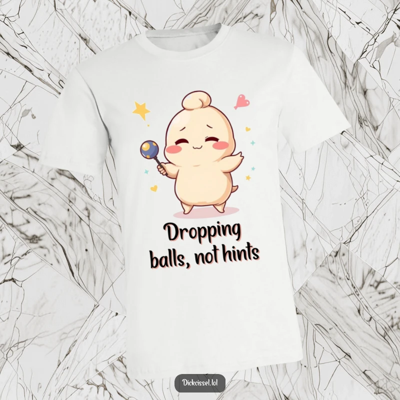 Funny winking dumpling character comically failing at juggling on a t-shirt, showcasing great humor.