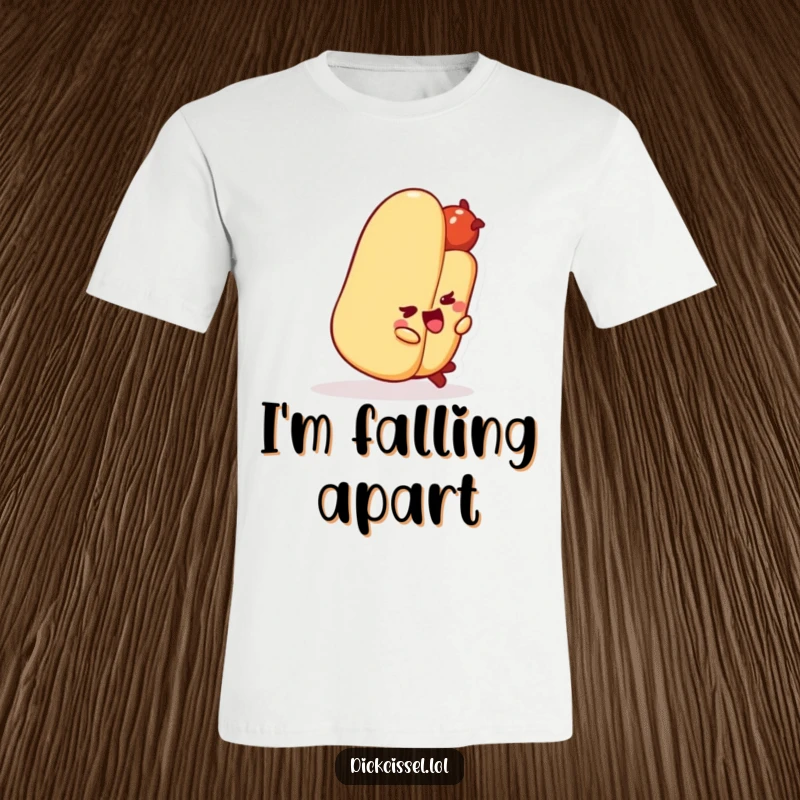 Funny hot dog character comically tripping over its own bun on a t-shirt, showcasing great humor.