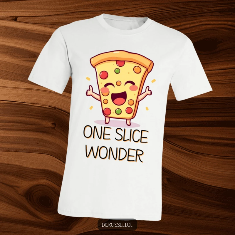 Funny t-shirt with an excited pizza slice giving a happy wink, perfect for expressing playful charm.