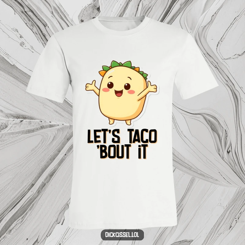 Funny taco character t-shirt, smiling with outstretched arms, encouraging exploration and embracing fun. A vibrant and inviting apparel.