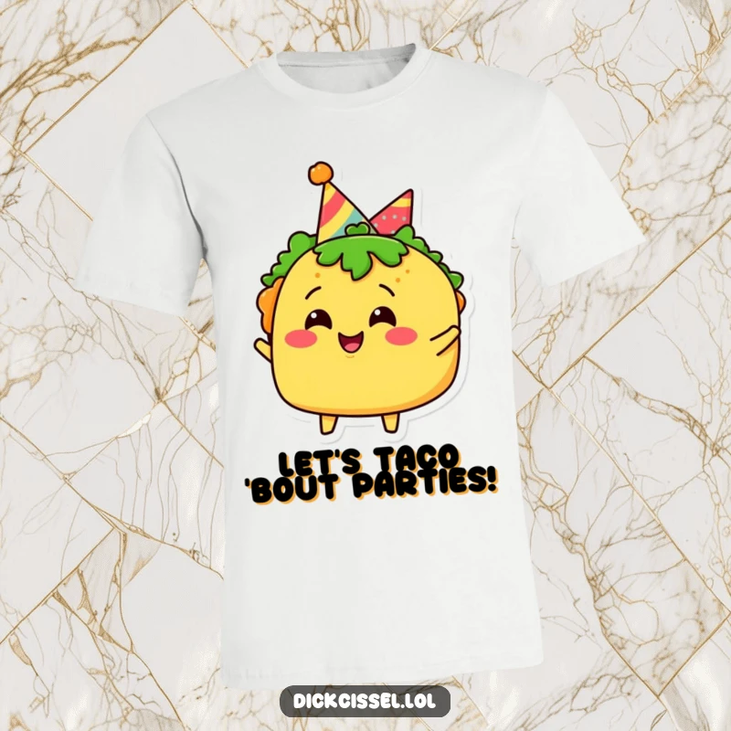 Funny taco t-shirt with a joyful character wearing a party hat, celebrating with a festive, fun attitude.