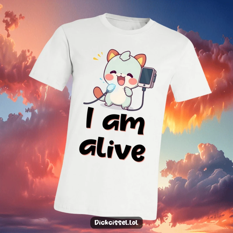 Funny t-shirt featuring a cartoon creature's excited face as it plugs a bright, glowing cable into a futuristic device.