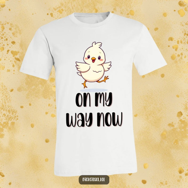 Funny t-shirt depicting a cheerful bird hopping forward with a determined waddle, celebrating perseverance.
