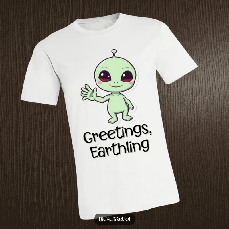 Funny T-Shirt depicting a mischievous alien giving a funny wave, a humorous and interstellar greeting.