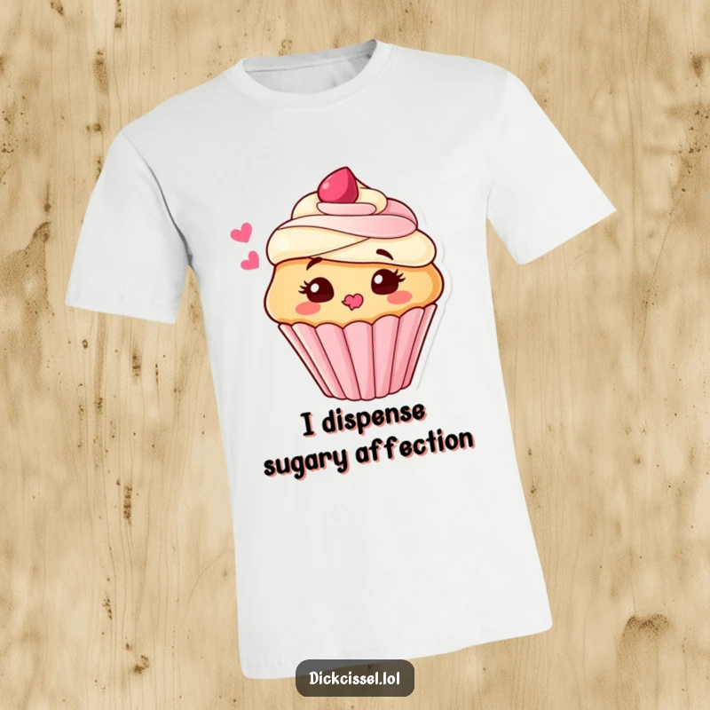 Funny T-Shirt showcasing a charming cupcake character playfully blowing a kiss made of vibrant frosting, radiating happiness.