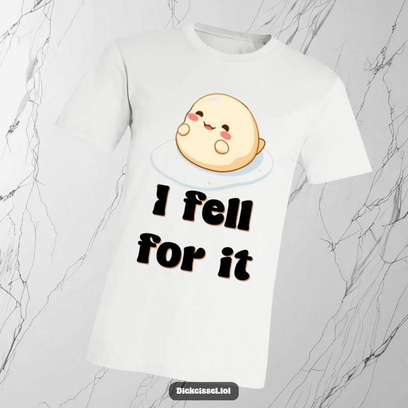 Funny t-shirt with a happy dumpling character comically sliding down a slippery surface, showcasing pure joy and silliness.