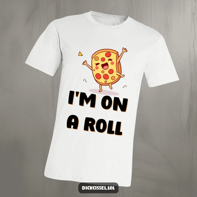 Funny pizza cartwheel t-shirt, a slice doing a celebratory spin, promoting fun and joy. A vibrant and energetic apparel item.