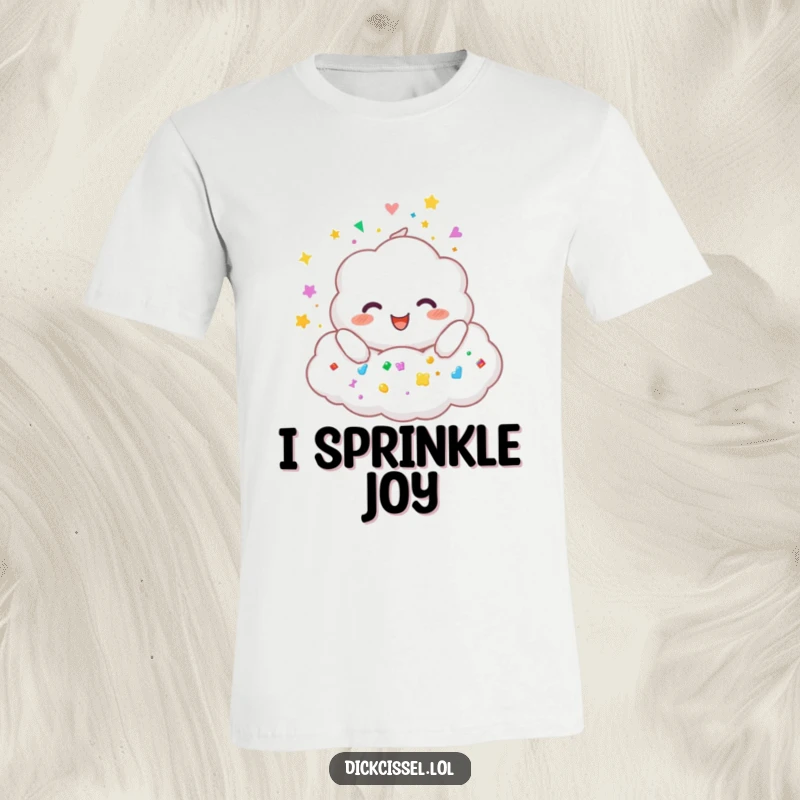 Funny t-shirt graphic of a fluffy cloud character joyfully showering down a cascade of colorful, assorted stickers.