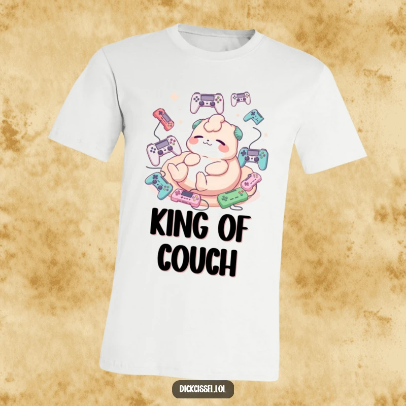 Funny t-shirt featuring a creature blissfully lounging, surrounded by a playful arrangement of floating game controllers.