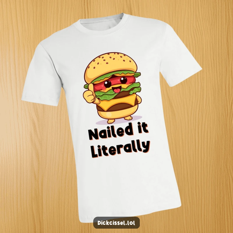 Funny T-Shirt showcasing a jubilant burger character proudly giving a thumbs up, embodying pure food joy and satisfaction.