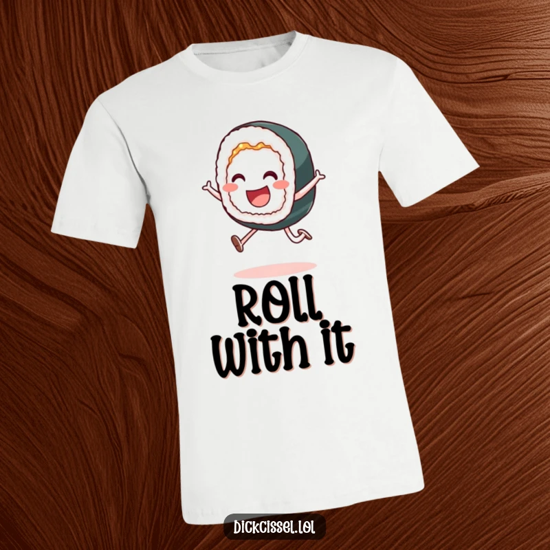 Funny t-shirt with a smiling sushi roll caught in a playful leap, perfect for expressing cheerfulness.