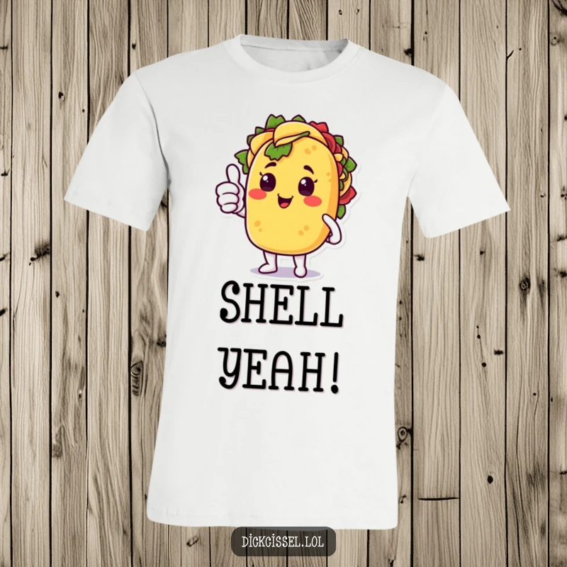 Funny t-shirt featuring a joyful taco character with a surprised thumbs up, perfect for expressing happiness.