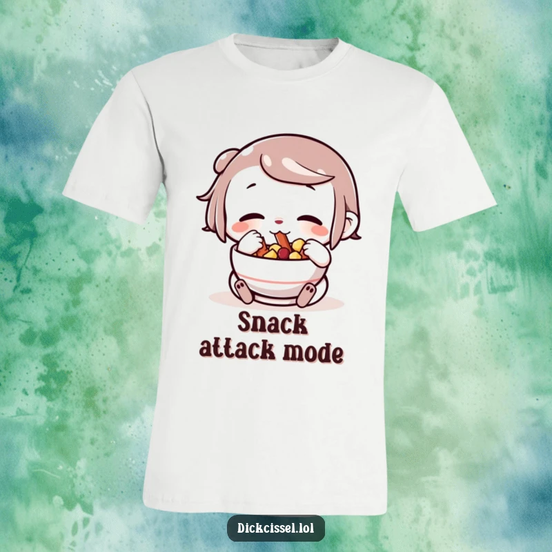 Funny character comically stuffing its cheeks with snacks from a bowl, on a t-shirt, depicting a love for munching.