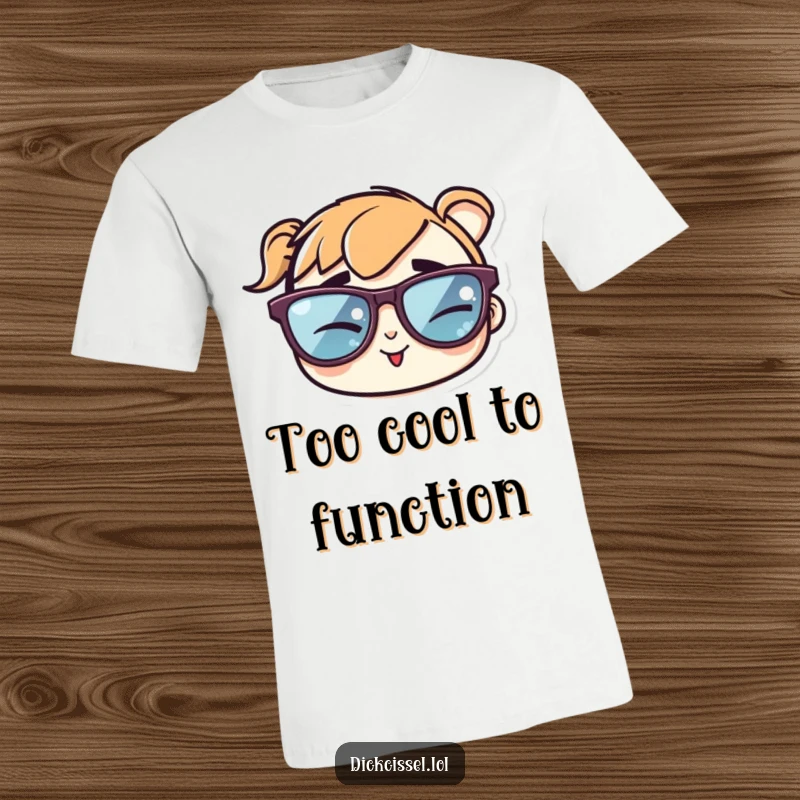 Funny t-shirt graphic featuring a sticker of cool sunglasses winking cheekily, projecting an air of stylish confidence.