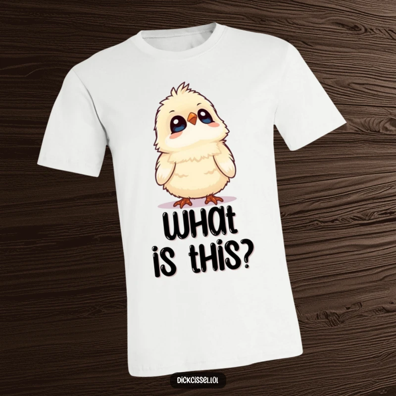 Funny t-shirt showcasing a fluffy bird tilting its head upwards, eyes wide with delightful surprise and wonder. Whimsical graphic tee.