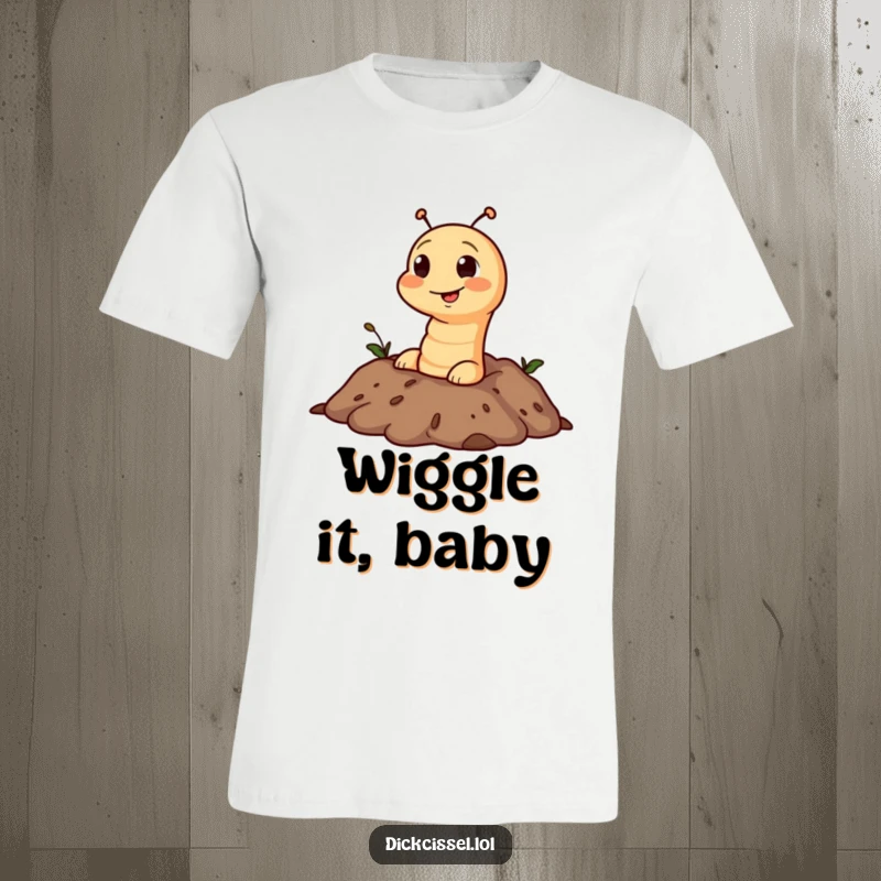 Funny t-shirt displaying a playful worm character emerging with a mischievous grin from a patch of soil.