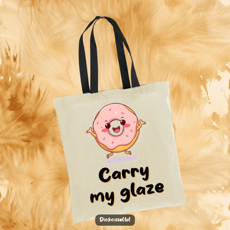 Funny tote bag with a cheerful doughnut character doing a happy jig, practical for daily use with a sweet touch.