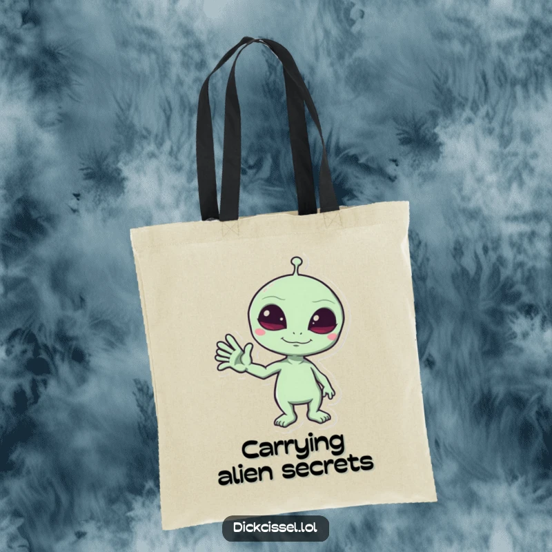 Funny Tote Bag showcasing a mischievous alien giving a funny wave, a humorous and practical space-themed accessory.