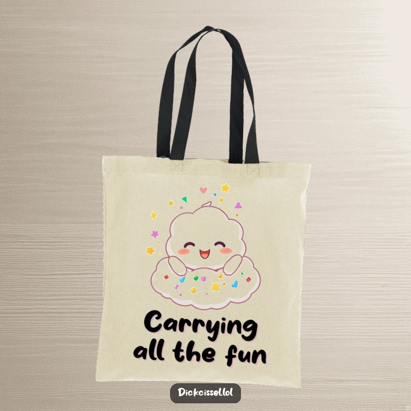 Funny tote bag illustration of a smiling, fluffy cloud character joyfully raining a multitude of colorful stickers.