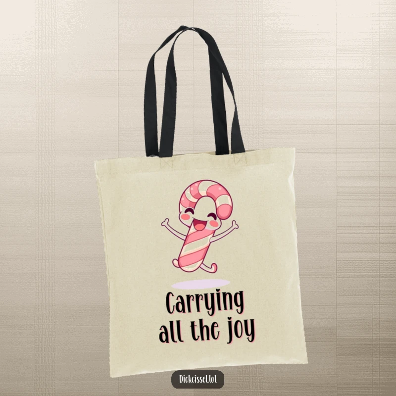 Funny candy cane tote bag with a happy smiling candy cane performing a jubilant jump, excellent for holiday shopping trips.