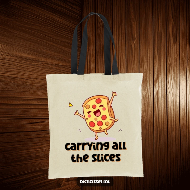 Funny pizza cartwheel tote bag, a slice doing a celebratory spin, perfect for carrying essentials with fun. Practical and humorous.