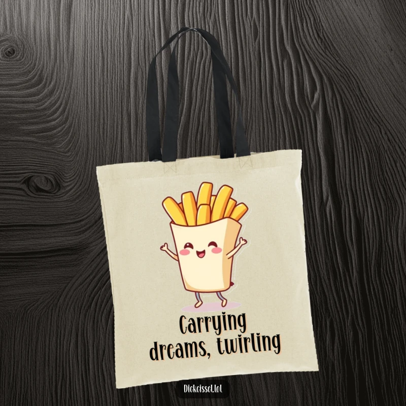 Funny tote bag featuring a cheerful french fry character doing a grand twirl, perfect for groceries and daily outings, a super funny gift.