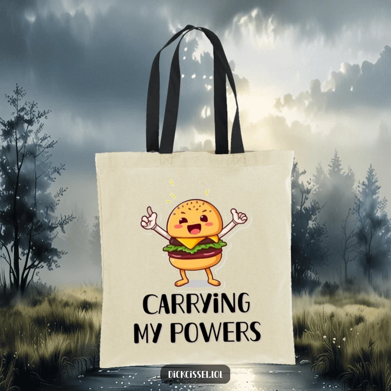 Funny tote bag featuring a beaming burger character in a heroic stance, perfect for groceries and daily adventures, a super funny gift.