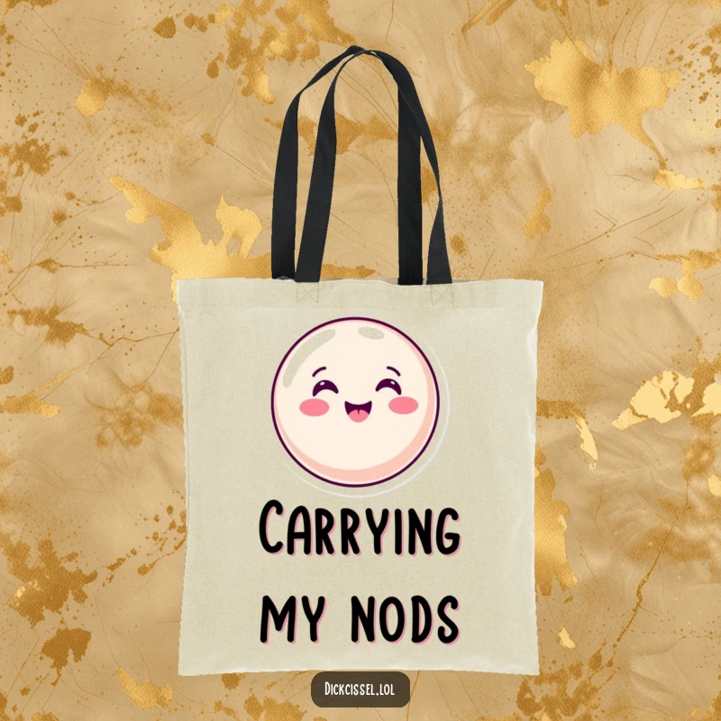 Funny Tote Bag showcasing a cheerful candy button in an enthusiastic nod, ideal for carrying essentials with positivity.