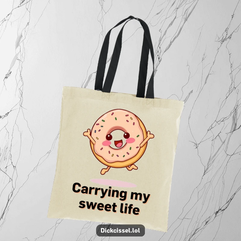 Funny cheerful donut tote bag showing a happy donut mid-leap with sprinkles, perfect for carrying everyday items with joy.