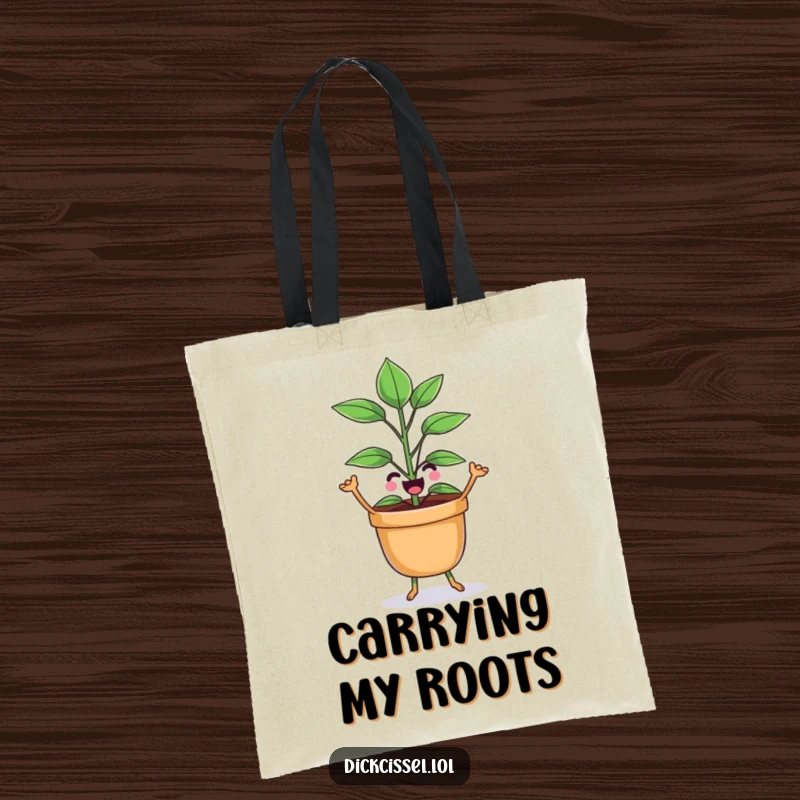 Funny potted plant character happily dancing, a vibrant and humorous accessory for carrying daily items.