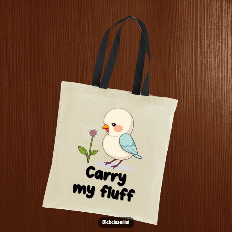 Funny tote bag showcasing a delightful bird playfully pecking at a dandelion, offering both style and humor.