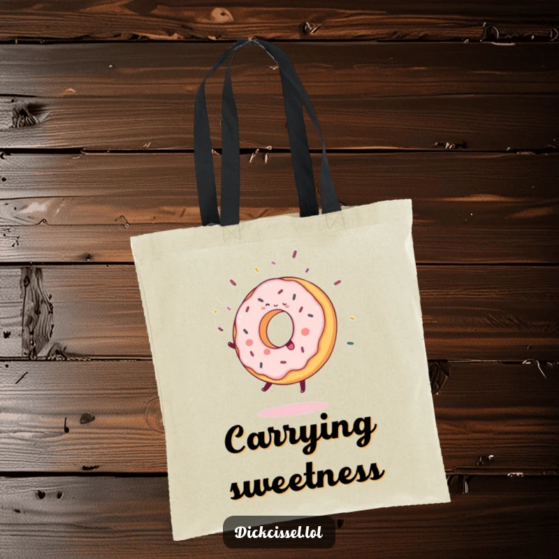 Funny Tote Bag featuring a sweet donut joyfully doing a cartwheel, scattering delicious-looking flying sprinkles.