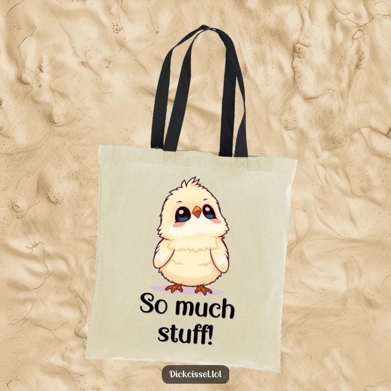 Funny tote bag with a fluffy bird tilting its head up, eyes wide with innocent wonder. Practical and charming accessory.