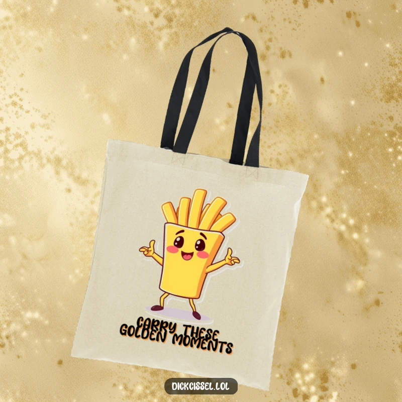 Funny Tote Bag featuring a cheerful french fry character in a dynamic pose, ideal for carrying items with a side of spud style.
