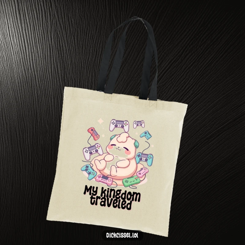 Funny tote bag illustration of a creature happily lounging, completely surrounded by floating game controllers.