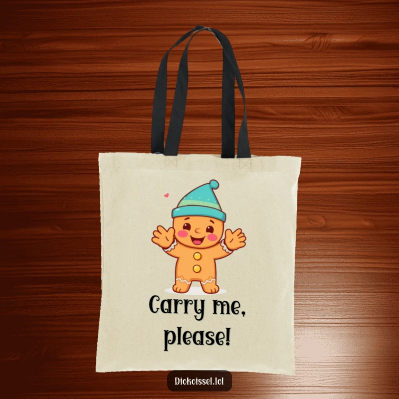 Funny tote bag with a happy gingerbread man character doing an energetic clap, ideal for festive errands.
