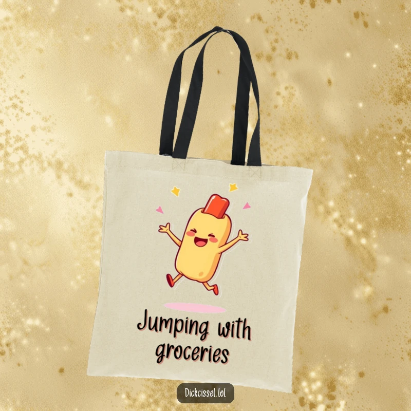 Funny tote bag featuring a smiling hot dog character doing a happy jump, perfect for carrying everyday items with flair, a super funny gift.