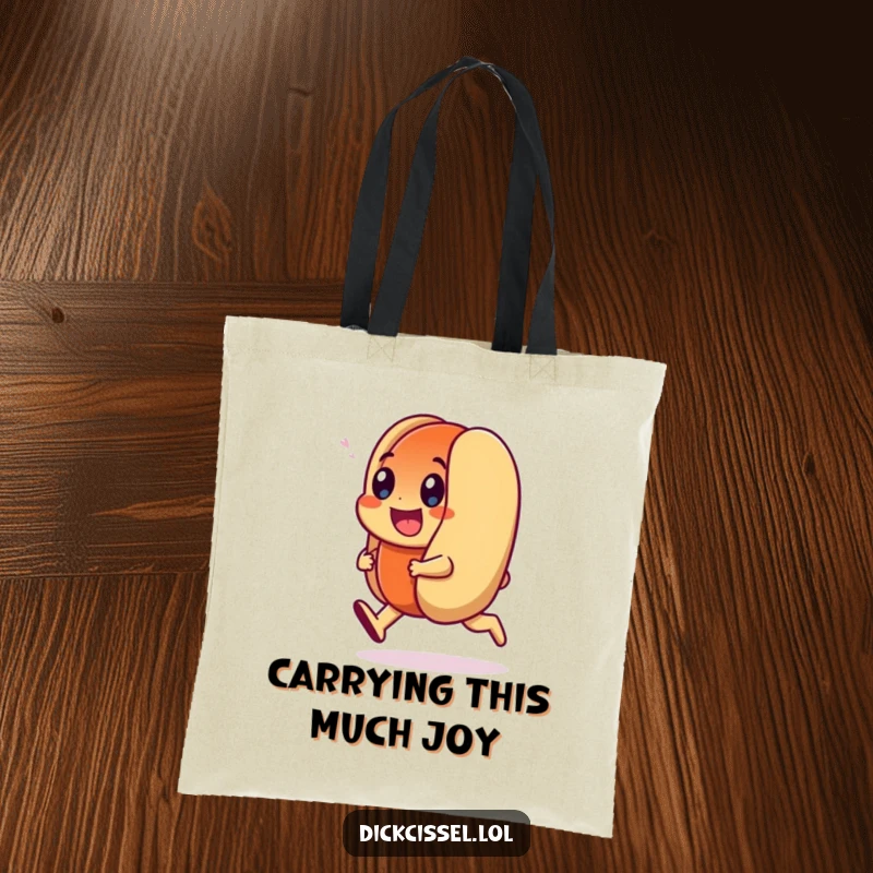 Funny Tote Bag featuring a smiling hot dog character in a happy trot, ideal for carrying items with a dose of playful energy.